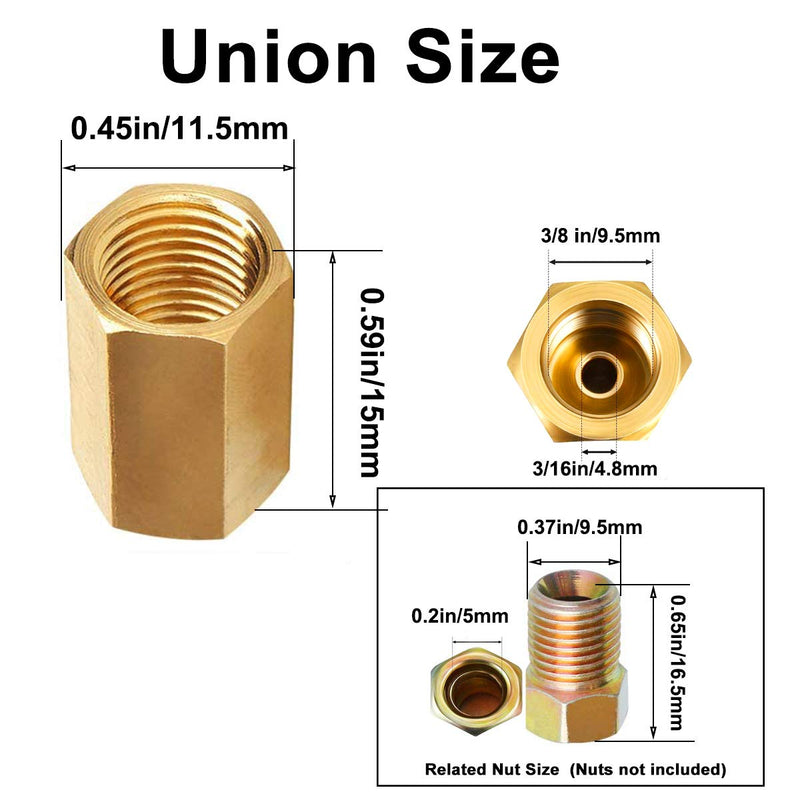 MuHize Brake Line Unions - 10 PCS Brass Inverted Flare Brake Line Unions (3/8" - 24 Threads) Assortment for 3/16" Brake Line Tube Fittings