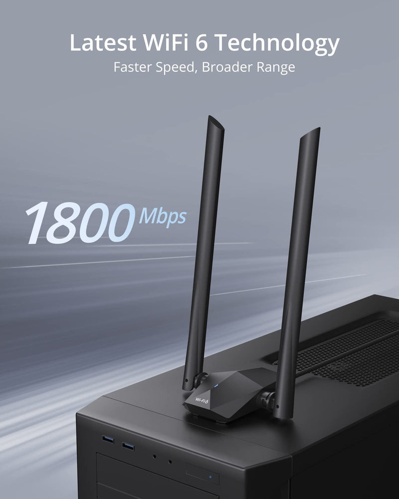 BrosTrend USB WiFi 6 Adapter AX1800 Long Range WiFi USB Adapter for PC Laptop Desktop 5GHz/1201Mbps + 2.4GHz/574Mbps Wireless WiFi Dongle USB3.0 with 2x High Gain Wi-Fi Antennas for Windows 11/10 ONLY