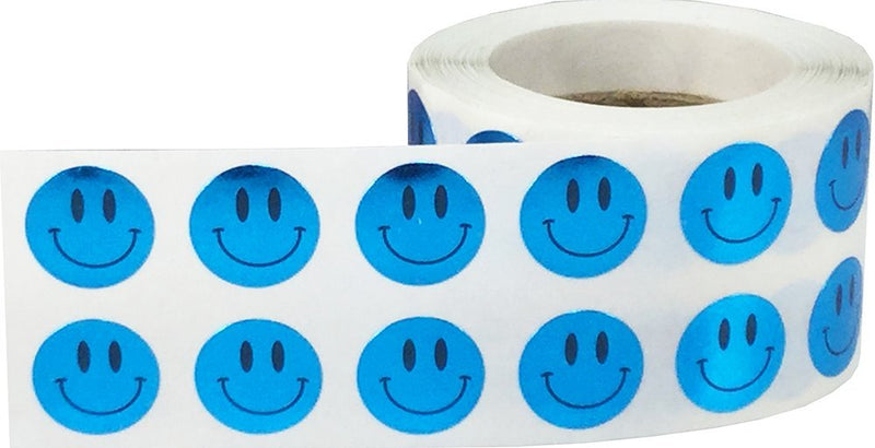 1/2" Inch Small Metallic Blue Happy Face Labels, 1,000 Total Adhesive Stickers on a Roll, Perfect for Kids Classroom Incentives, Motivational Chart Use