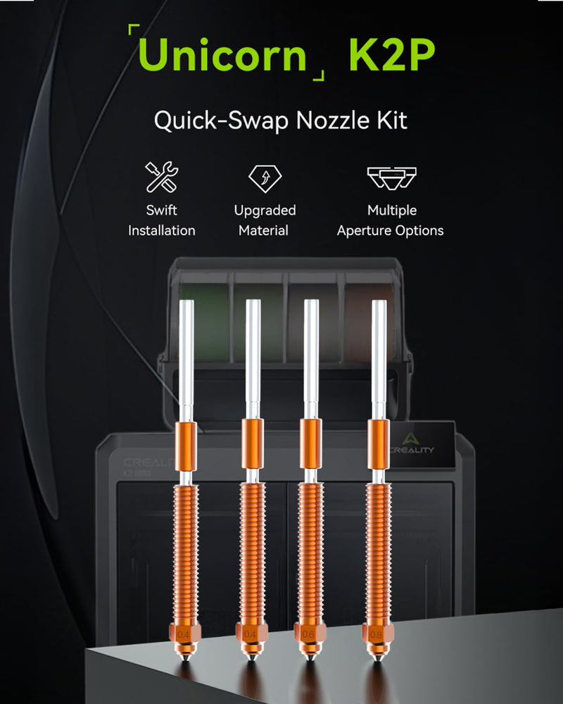 Creality Official K2 Plus Nozzles, 0.4mm, 0.6mm, 0.8mm 4PCS Unicorn Quick-Swap Nozzle Kit 0.4mm 0.6mm 0.8mm, Copper Alloy and Hardened Steel Nozzle Suitable for K2 Plus, K2, Creality Hi Combo 4P-0.4/0.6/0.8