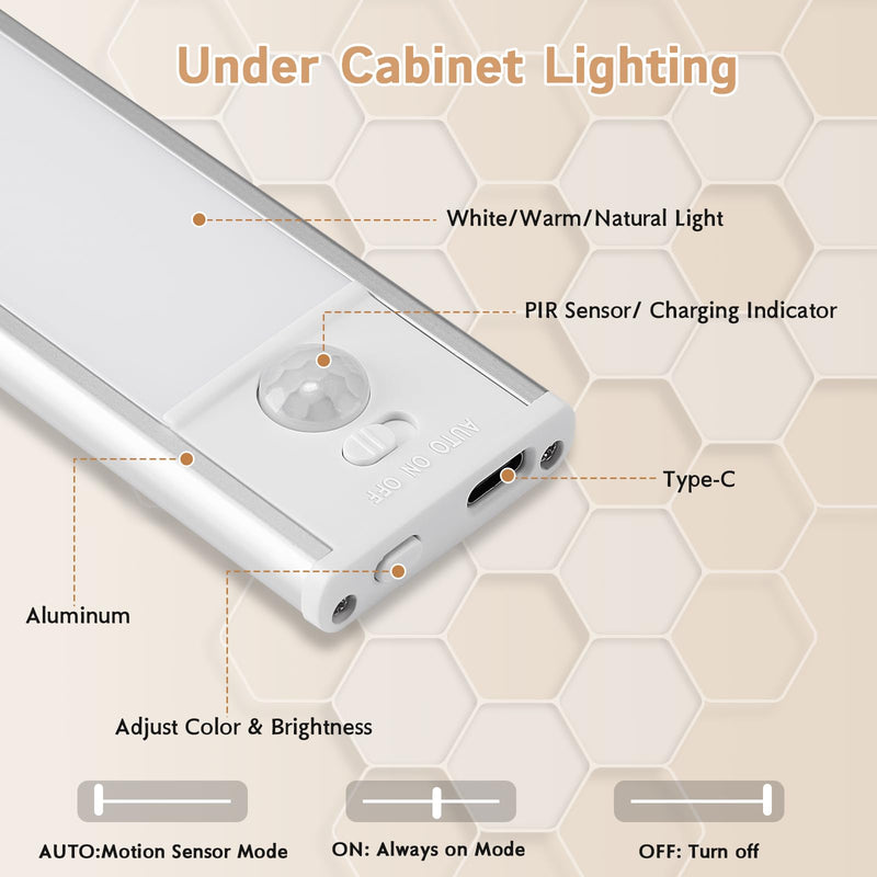 Under Cabinet Lighting Wireless, 4Pack Motion Sensor Light Indoor with 3 Color Temps, Dimmable Closet Lights Battery Operated, LED Magnetic Light, Rechargeable Under Counter Lights for Kitchen Stairs 12inch-4Pack