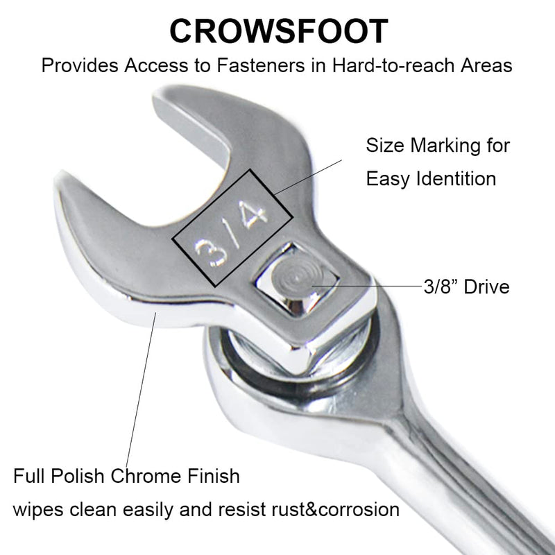 MacWork 3/8 Inch Drive Crowfoot Wrench Set 8PCS Crowsfoot Wrench Set SAE 3/8" to 7/8", Ideal for Tight Spaces, 8-Piece Kit With Clip-on Organizer