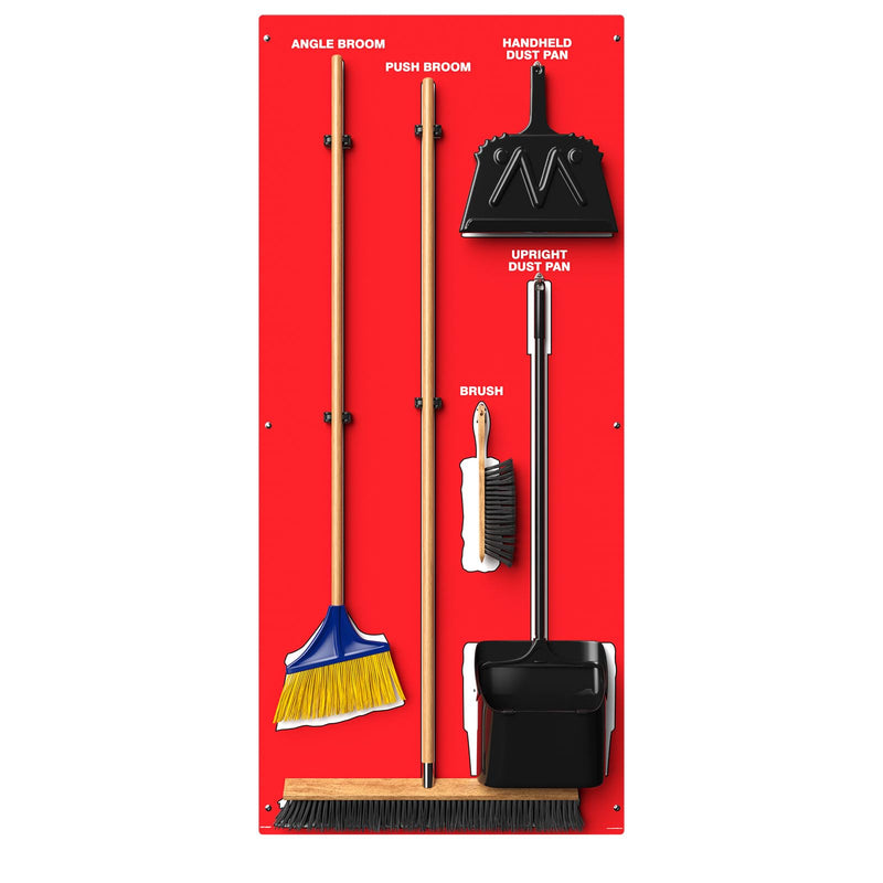Clean & Sweep 5S Shadow Board/Wall Mount Broom Holder, 68" x 30" Board, 5S Cleaning Station - with Broom and Dustpan Set Included, Made in The USA by AccuformNMC, Red/White, PSB616RDWT