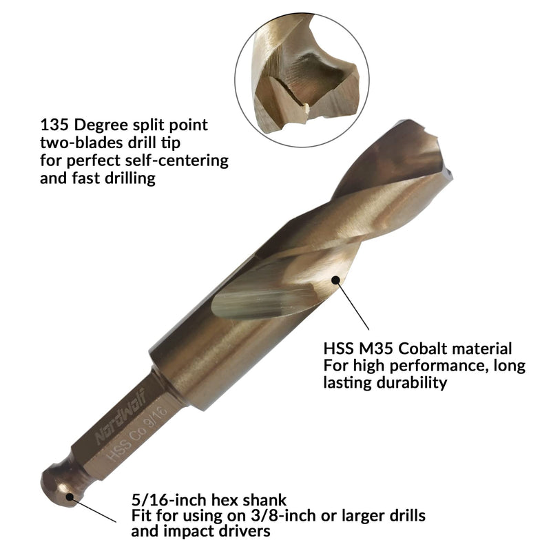 NordWolf 9/16" M35 Cobalt Stubby Drill Bit for Stainless Steel & Hard Metals, with 5/16" Hex Shank for Quick Chucks & Impact Drivers 9/16 in