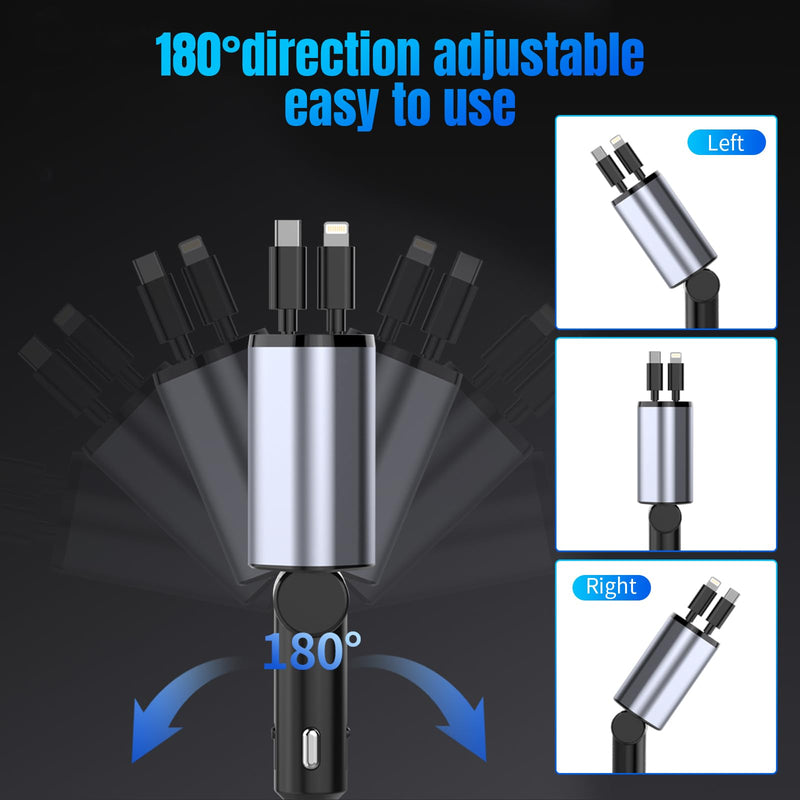 Retractable Car Charger, 4 in 1 Fast Car Phone Charger 100W with Cord 2.6ft, Retractable Cable and 2 USB Ports Car Charger Adapter for iPhone 15 14 13 12 Pro Max, Galaxy S23