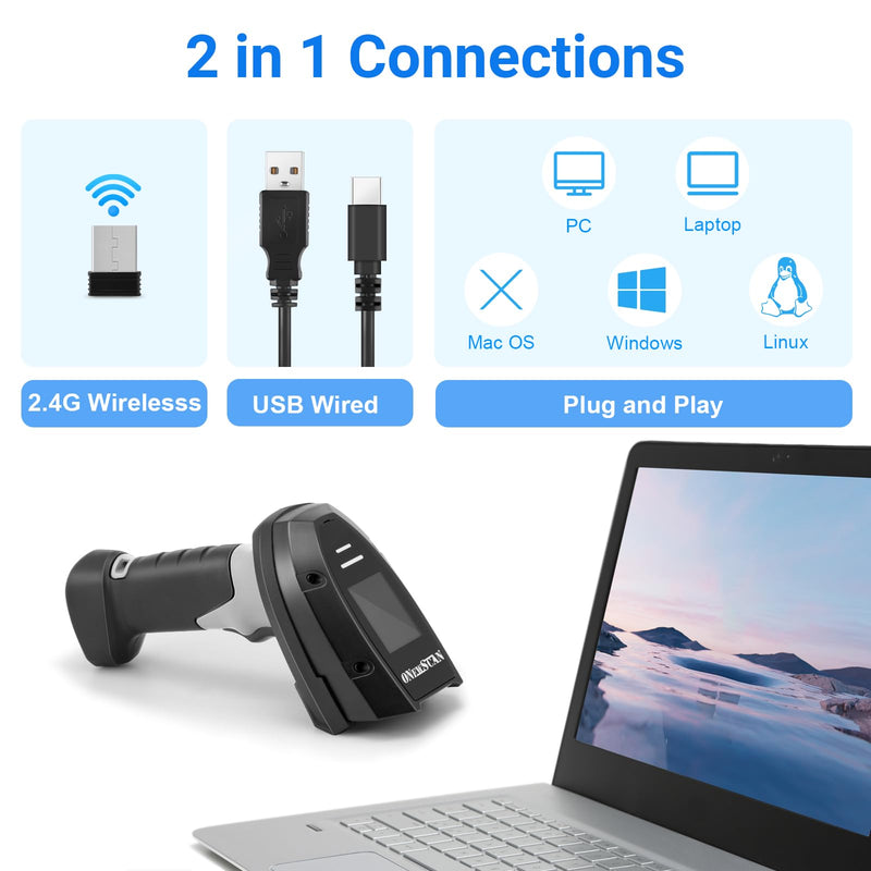 Barcode Scanner Wireless, 1D Laser Bar Code Scanners with Stand 2.4G Wireless & USB Wired Connection Plug and Play 2 in 1 Handheld Barcode Reader with Screen