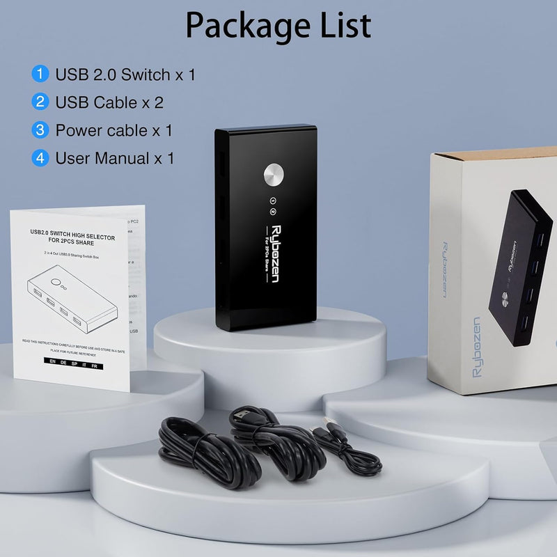 Jancane USB Switch Selector for 2 Computers, USB Switcher Sharing 4 USB 2.0 Devices Peripheral Hub for Mouse Keyboard Scanner Printer with One-Button Swapping and 2 Pack USB A to A Cable