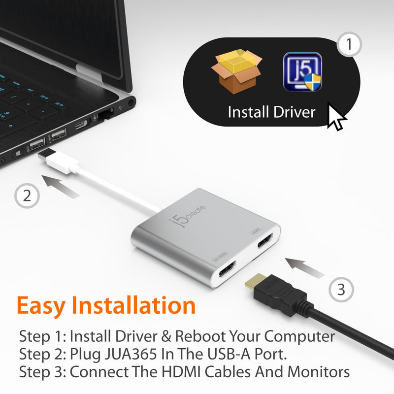 j5create USB to HDMI Adapter - Dual HDMI USB 3.0 Multi-Monitor Cable | 4K + 1080p | Compatible with Windows and macOS (JUA365) Single