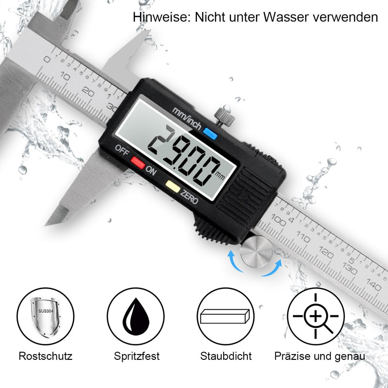Digital Caliper, Qfun Stainless Steel Caliper Measuring Tools 150mm Splashproof Dustproof Digital Caliper with LCD Display for Household and Industrial Measuring Gauge IP54-Black