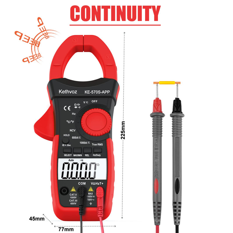 Bluetooth Clamp Meter Clamp Meter, Kethvoz Anto Range True-RMS Current Clamp NCV Voltmeter 570S-APP Measure AC/DC Voltage Current, Continuity Resistance Capacity Temperature 1000A Bluetooth Clamp Meter 570SAPP