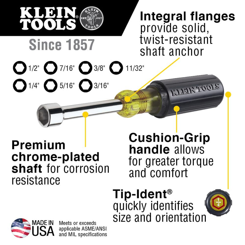 Klein Tools 647 Tool Set, Made in USA, Nut Drivers Sizes 3/16, 1/4, 5/16, 11/32, 3/8, 7/16, 1/2-Inch, Chrome-Plated 6-Inch Shafts, Cushion Grip, 7-Piece
