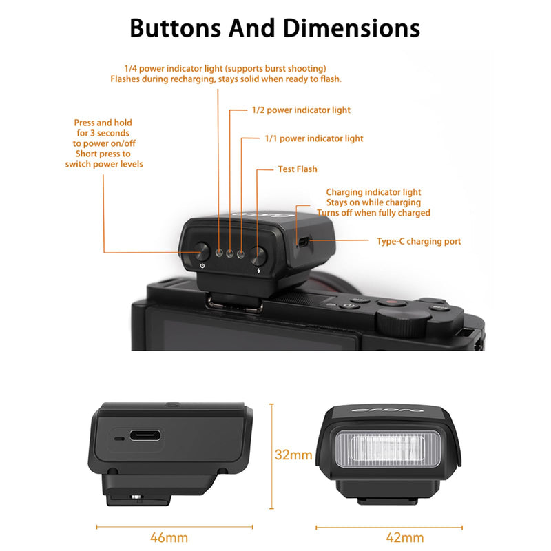 ORDRO FL-10 Mini Camera Flash Camera Flash Speedlite for Fuji/Sony/Nikon/Canon, Digital Film Cameras, Portable Mini hot Shoe Flashlight for DSLR Cameras.
