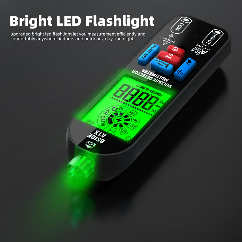 BSIDE Digital Multimeter Tester Rechargeable Electrical Voltmeter, Smart Mode with Red & Green Backlight, Measures Capacitance Diode Ohm Continuity V-Alert DC AC Voltage with Carrying Case A1X with Bag