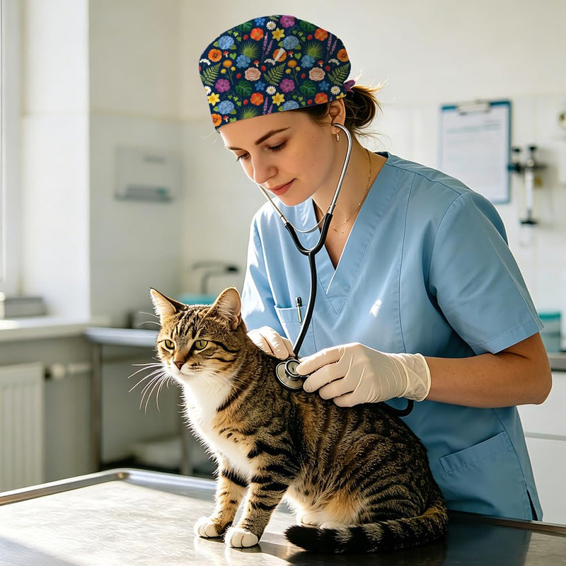 6 Stück Blumen Tiere Bouffant OP Hauben Einstellbare Binden Zurück Chirurgische Hauben mit Knöpfen Blumen Baumwolle Krankenschwester Arbeits Hut für Frauen Männer Gesundheitswesen Hausarbeit