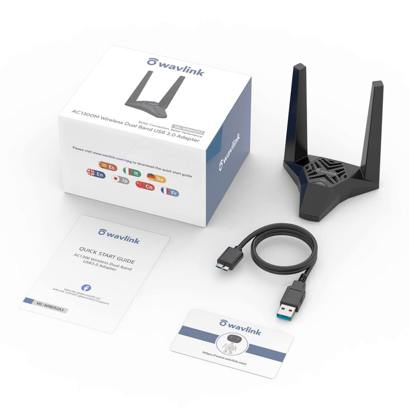 WAVLINK USB3.0 WiFi Adapter, AC1300Mbps Wireless Network Adapter for Desktop PC, Dual Band 5GHz+2.4GHz WLAN with High Gain 2X 3dBi Antennas for Windows XP/Vista/7/8/8.1/10/11 MacOS 10.7-10.15 AC1300M USB 3.0 WiFi Adapter