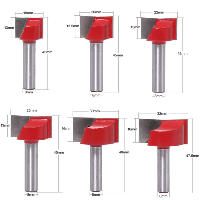 ASNOMY 8mm shank floor cleaning milling cutter set, 6 pieces milling cutter end mill woodworking tool bit, double-edged face milling cutter- 18/20/ 22/25/30/32mm 6pcs-18/20/ 22/25/30/32mm