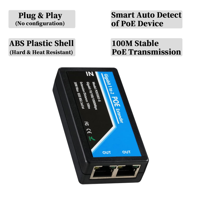 Revotech Gigabit 2 Port POE Extender, IEEE 802.3af/at PoE+ Standard, 10,100,1000Mbps, POE Repeater 100 Meters(328 ft), Extender 1 in 2 Out, Power Supply for PoE Camera/PoE Device (POE5003-G)