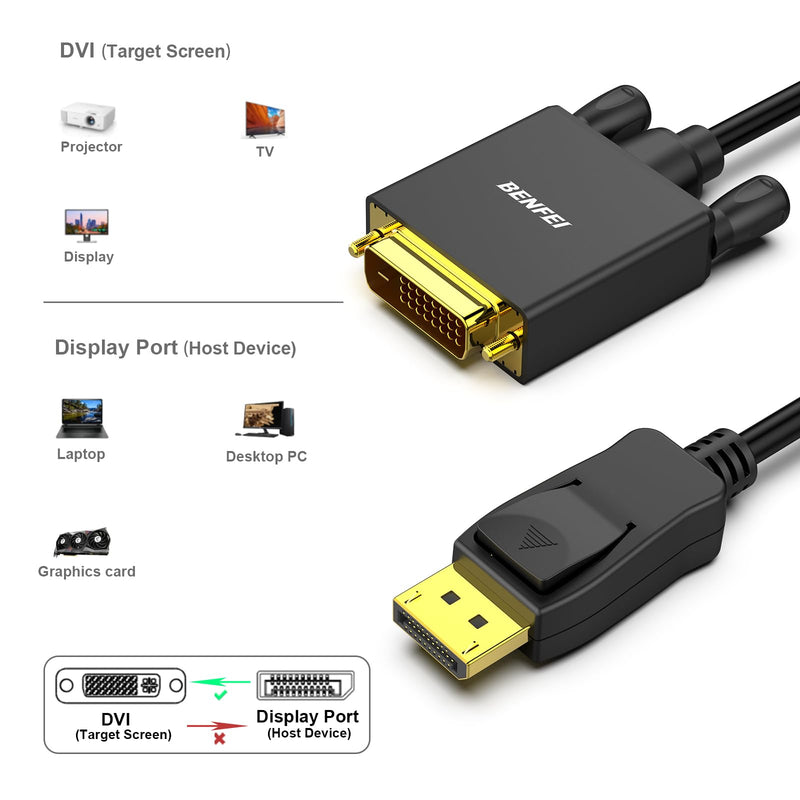BENFEI DisplayPort to DVI Cable 1.8M 1080P@60HZ, Unidirectional DisplayPort DP Computer to DVI-D 24+1 Monitor Male to Male Gold Plated for Lenovo Dell HP and other brands 1.8 M 1 piece