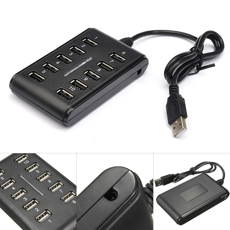 Xiaokeis 10-Port USB 2.0 Hub - Powered, Portable with Fashion Appearance, Suitable for Household Usage, Mini USB Port Can be Space Saving (Black) Black