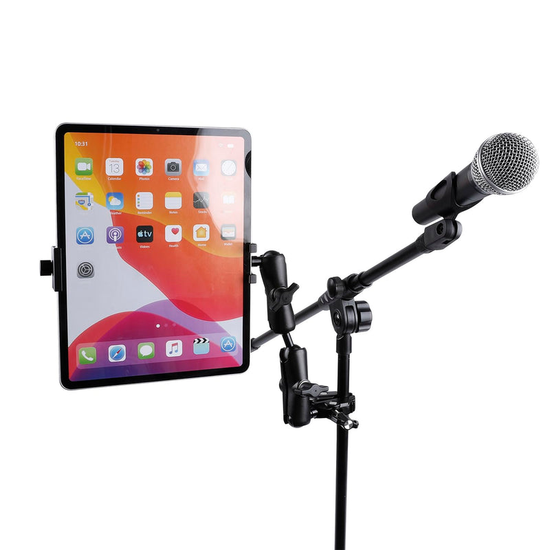 Aluminum Dual Arm Tablet Mount with Super Clamp for Rails 0.5'' to 2'' in Diameter, Side Mount Tablet Holder for Mic Stand, Compatible with iPad Pro 12.9 Air Mini, Galaxy Tab, 4.7-12.9" Tablets