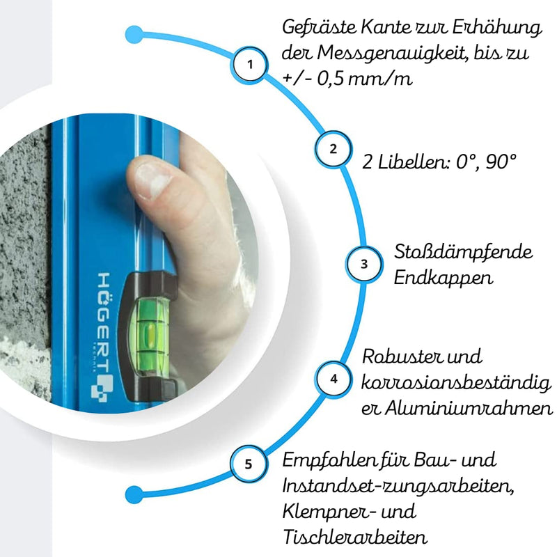 Högert Technik - spirit level 20 cm, has 2 spirit levels: 0 ° / 90 °, spirit levels made of aluminum, shock-absorbing end caps, size: 20 × 5.65 × 2.1 cm, HT4M001-D blue