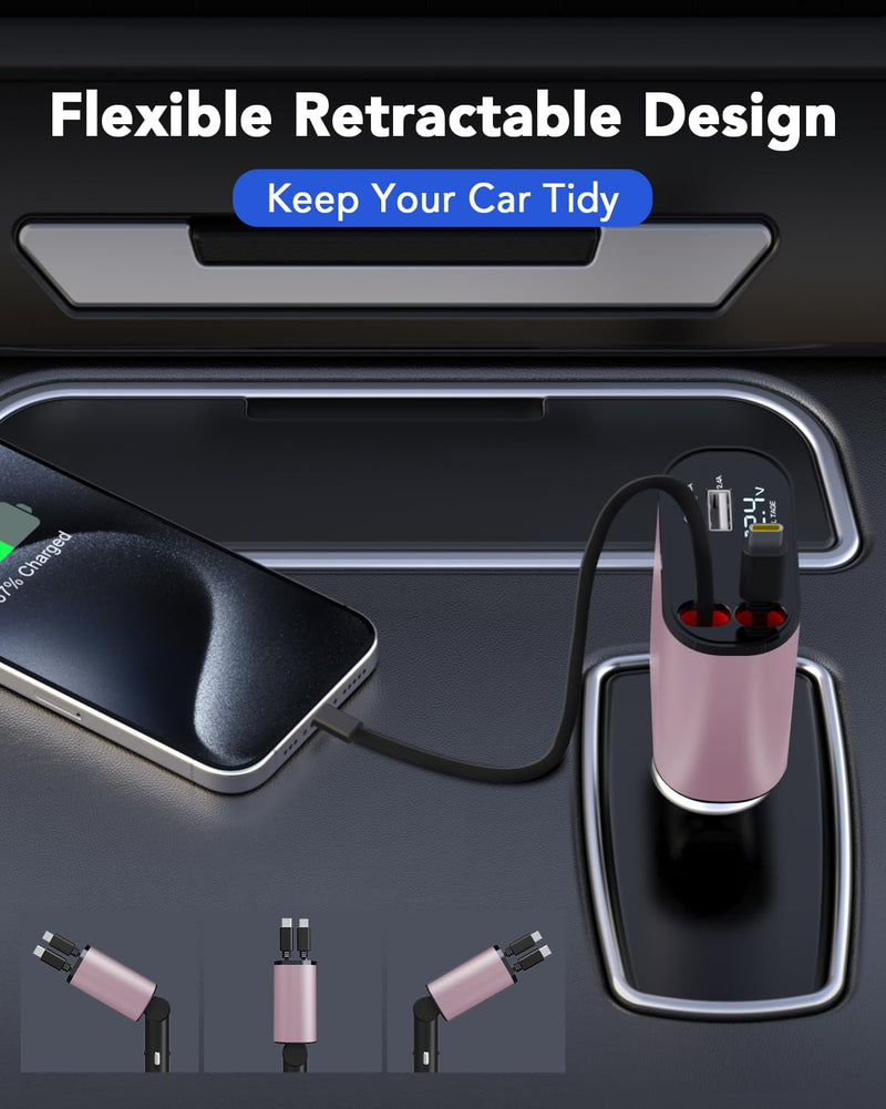 Retractable Car Charger, 4 in 1 Fast Car Phone Charger 66W, 2 Retractable Cables and USB Car Charger, USB C Car Charger for iPhone 15/14/13/12/11, Galaxy, Pixel Type C+Lightning (Pink)