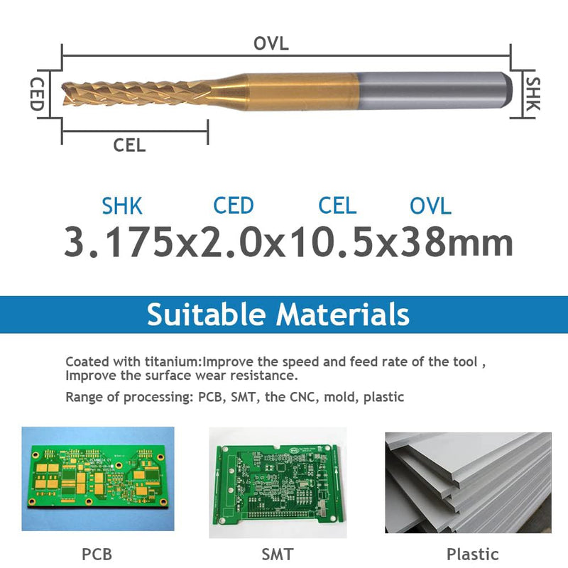 10Pcs 1/8'' Shank 2.0mm Titanium Coat Carbide End Mill Engraving Bits CNC Rotary Burrs Tool for PCB Mould Plastic Fiber Carbon Fiber Hardwood