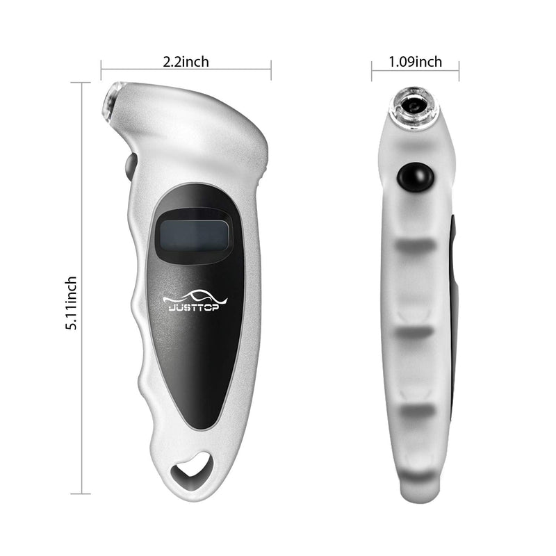 JUSTTOP 2 Pack Digital Tire Pressure Gauge, 150PSI 4 Setting for Cars, Trucks and Bicycles, Backlit LCD and Anti-Skid Grip for Easy and Accurate Reading(Silver) Silver-2pack