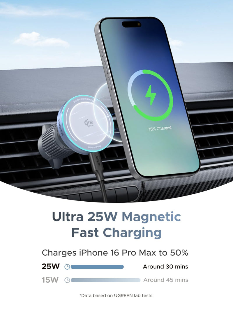 UGREEN 25W MagFlow Wireless Car Charger, MagSafe Qi2 Certified Fast Charging Cradle Mount for iPhone 17/16/15/14/13/12 Series, Air Vent Clip Secure Holder with USB-C Cable