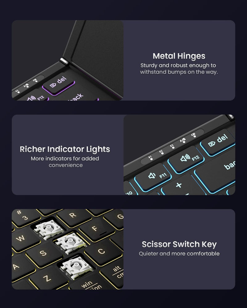 Samsers Foldable Bluetooth Keyboard with Touchpad, Full-Size Wireless Folding Keyboard with Backlight, Portable Travel Keyboard for iOS Android Windows Mac OS, Support 3 Device(BT5.1 x 3), Black