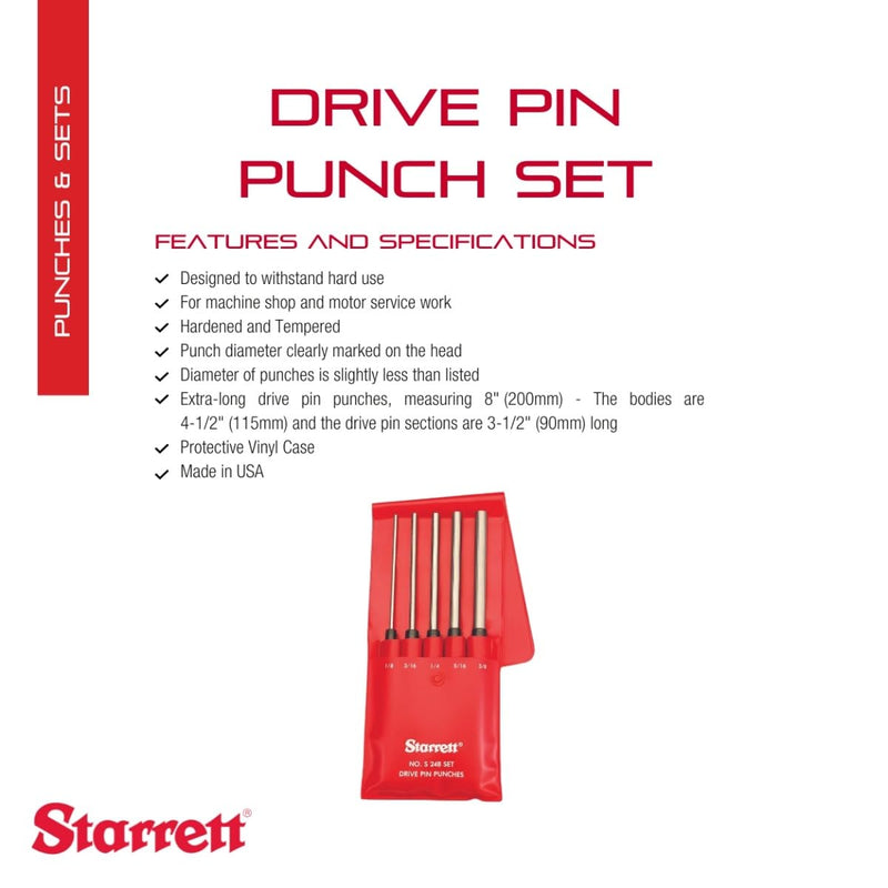 Starrett Extra-Long Drive Pin Punch Set with Knurled Grip and Protective Vinyl Case - 8" Length, 1/8", 3/16", 1/4", 5/16", 3/8" Punch Diameter - Set of 5 - S248PC 5 Piece Set