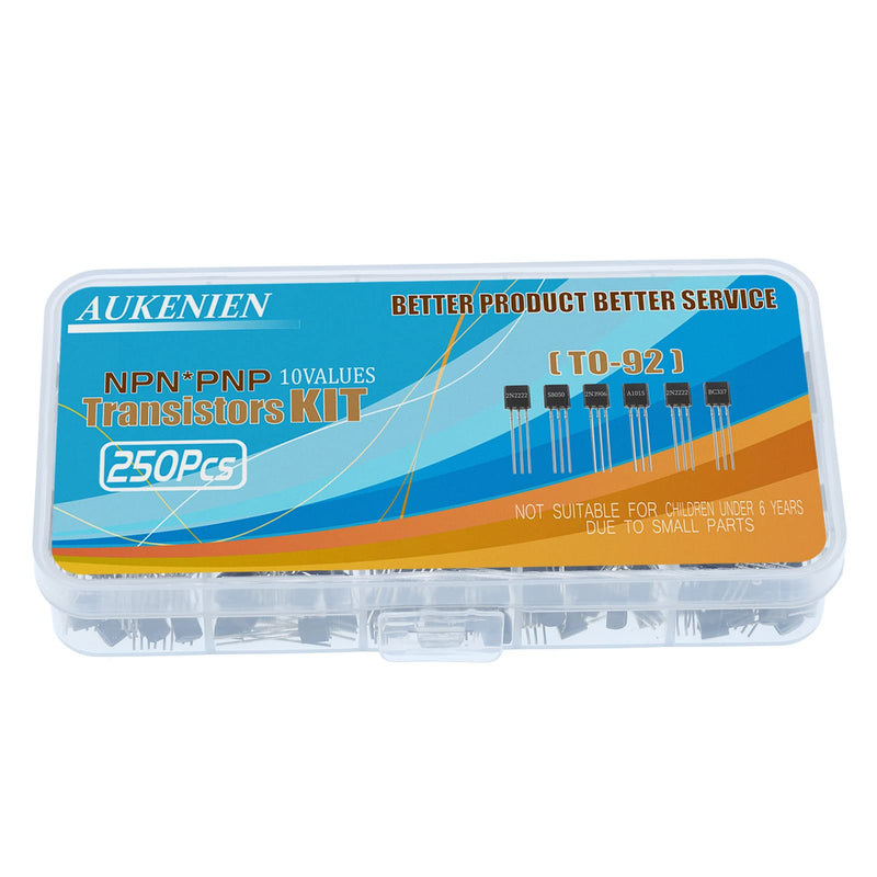 AUKENIEN BJT Transistor Transistors Assortment Kit 10 Values 250pcs NPN PNP Power General Transistors 2N2222 2N2907 2N3904 2N3906 A1015 BC327 BC337 C1815 S8050 S8550 TO-92 BJT-10 Values