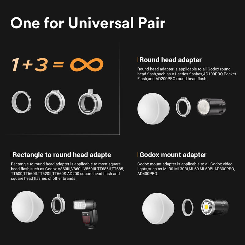 Godox ML-CD15 Diffusion Dome for Godox V1 V1i V860 V850 TT685 TT600 AD200 AD300 AD400 ML30 ML60 Flash Diffuser with 3 Adapter