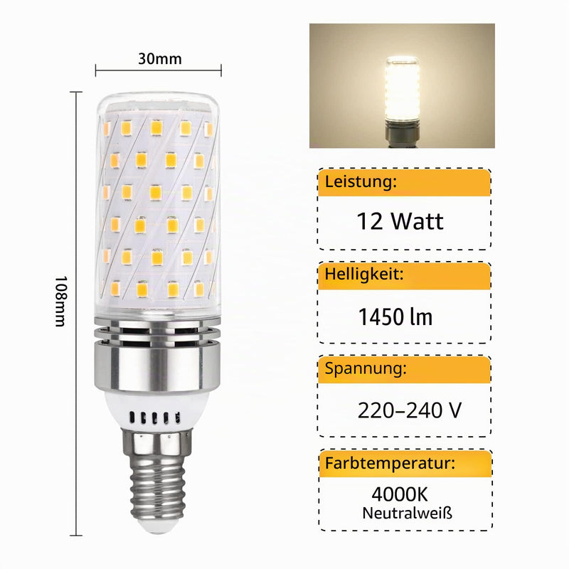 Akynite Light Bulb E14 LED Neutral White 4000 K 1350 LM, 12 W LED Replacement E14 100 W Halogen Bulb, AC 230 V, Corn Cob Stick Lamp SES Neutral White for Ceiling Light, Not Dimmable, Pack of 4 E14 Neutral White 4 pcs (pack of 1)