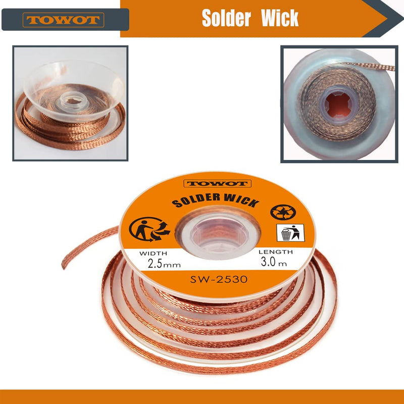 TOWOT desoldering braid, desoldering wick for removing solder and disassembling electrical components, no-clean desoldering braid (2.5mm 3.0m) 2.5mm
