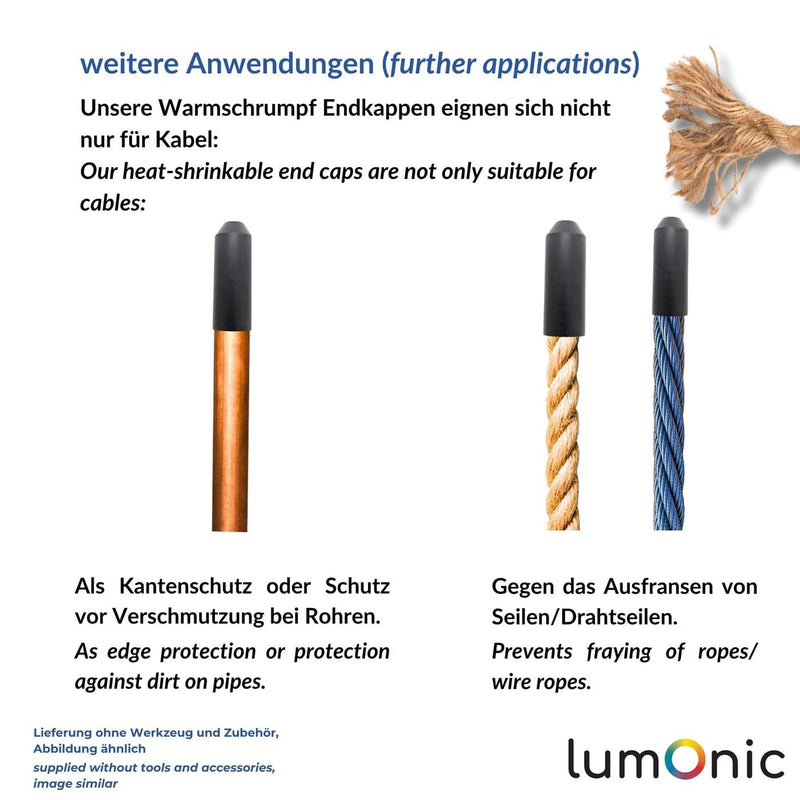 Lumonic I Heat Shrink End Cap with Adhesive I 20 -> 6 mm I Black I Ratio 3:1 I Crosslinked Polyolefin I Shrink Cap I for Cables, Pipes and Ropes 20mm - 6mm