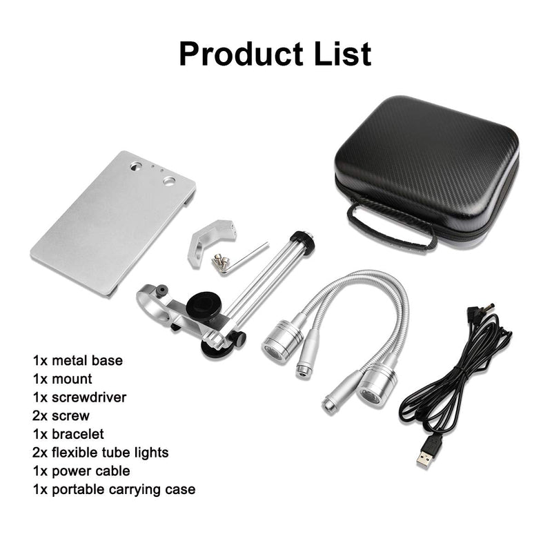 Jiusion Updated with 2 Lamps Aluminum Alloy Universal Adjustable Professional Base Stand Holder Desktop Support Bracket for Max 1.4" in Diameter USB Digital Microscope Endoscope Magnifier Loupe Camera