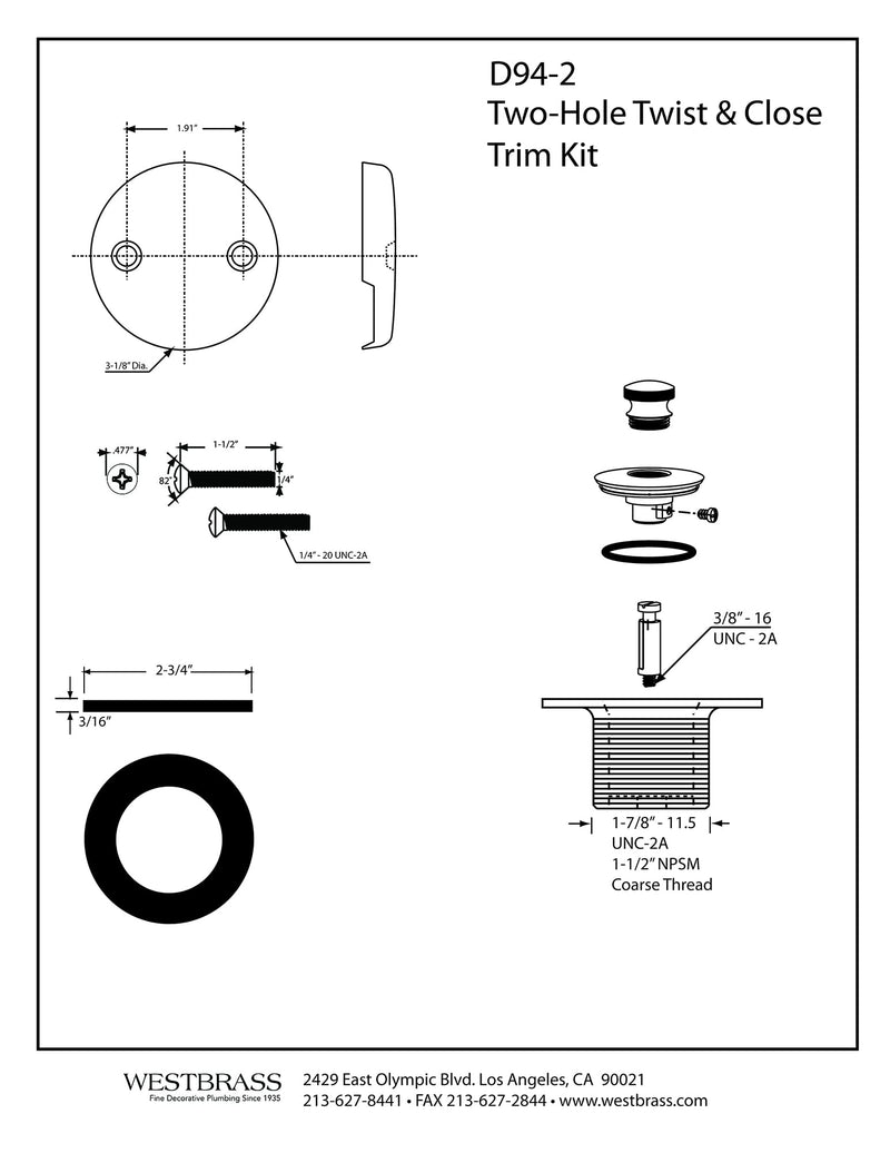 Westbrass Twist & Close Tub Trim Set with Two-Hole Overflow Faceplate, Matte Black, D94-2-62 1-Pack