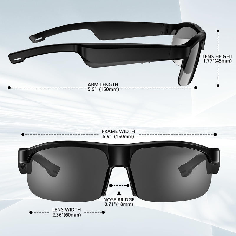 Smart Glasses, Polarized Bluetooth Sunglasses with Speaker, Voice Assistant, Open Ear, UV Protection Outdoor Audio Glass Black Frame-Black Lens-Style2
