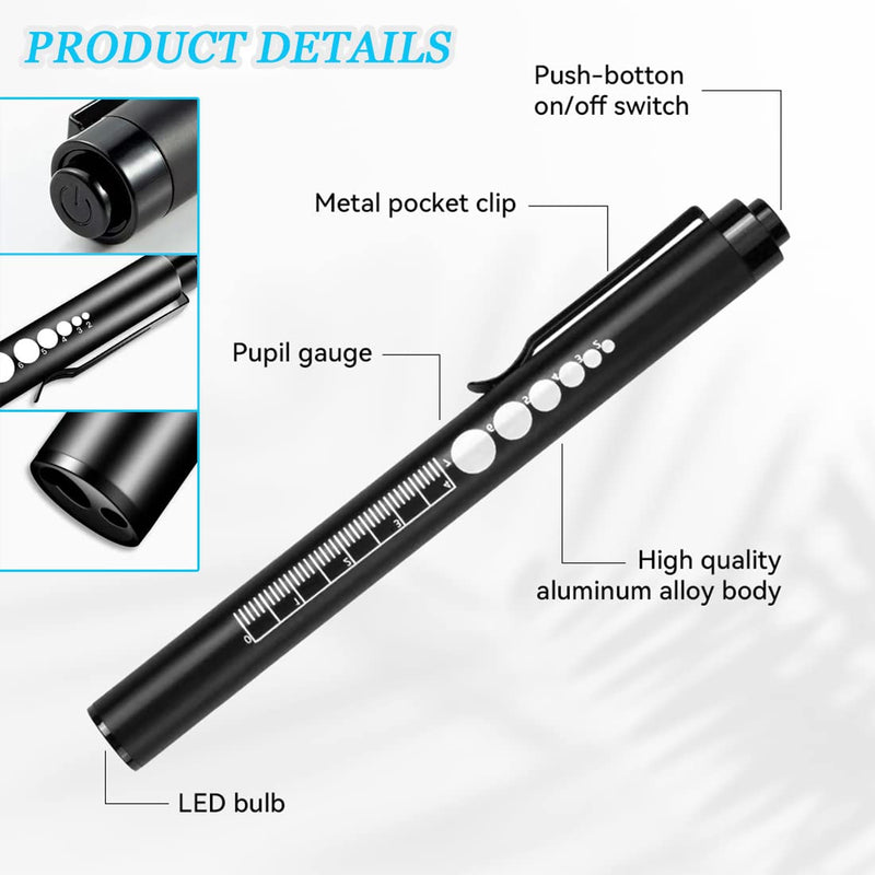 LEKIA Medical Pupil Light, Diagnostic Light, Nurse Emergency Service Accessories with Pupil Measuring Device and Ruler, Rechargeable USB LED Penlight for Nurses, Student Doctors, 1 Piece, Black