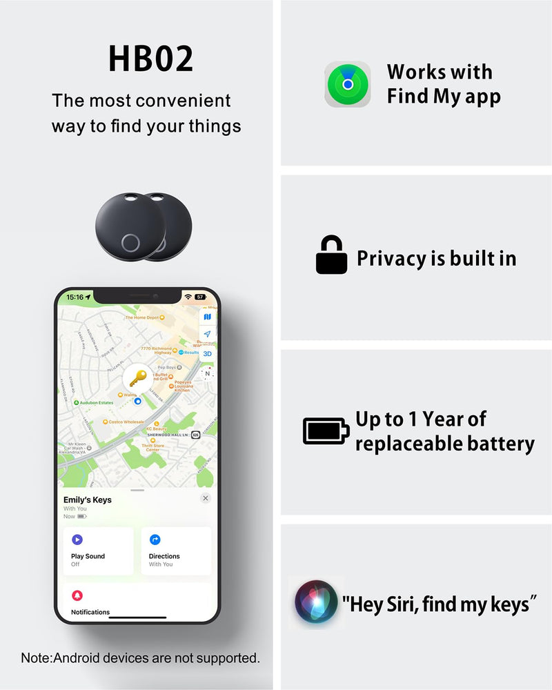 Reyke Smart Tag, Bluetooth Luggage Tracker. Works with Apple Find My (iOS Only), Item Locator for Key, Luggage, Backpack, Wallet, IP67 Waterproof, 2 Pack- Black