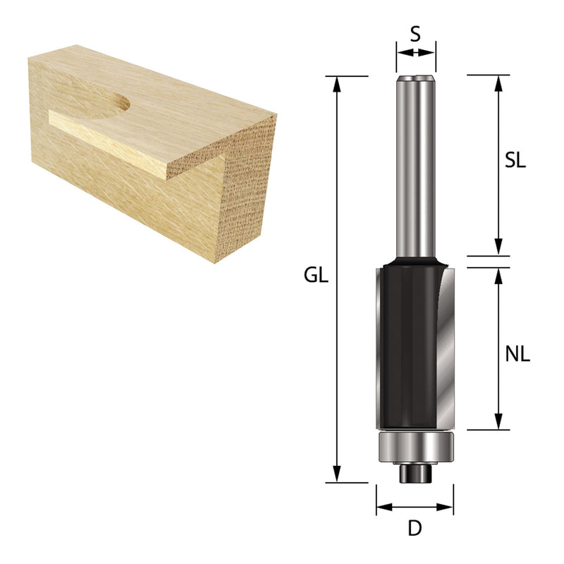 ENT 13579 flush cutter HW, shaft (S) 8 mm, diameter (D) 6 mm, NL 19 mm, GL 64 mm, SL 32 mm, with ball bearing, router for woodworking D=6 / NL=19 / GL=64