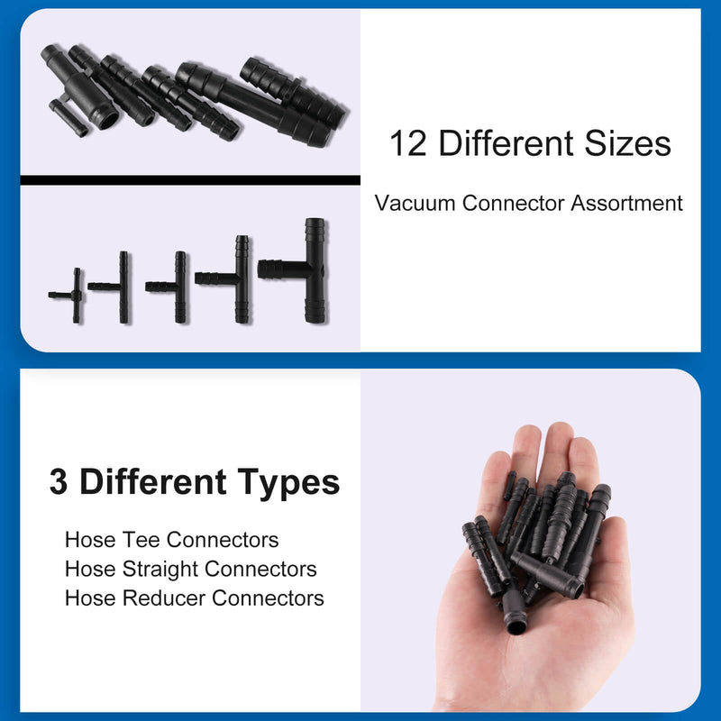 105PCS Automotive Vacuum Connector Assortment, 1/8" 3/16" 1/4" 5/16" 3/8" Vacuum Connector, Automotive Vacuum Tubing Connector, Vacuum Tee Connector, Vacuum Straight Connector