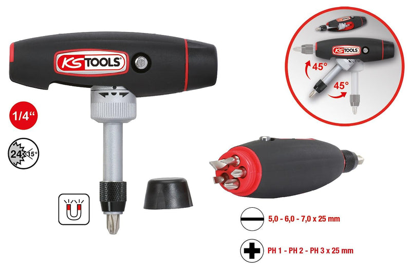 KS Tools T-Handle Ratchet Bit Screwdriver, 1/4" Drive, Swiveling Design, 24 Teeth, 140mm, Ergonomic Handle