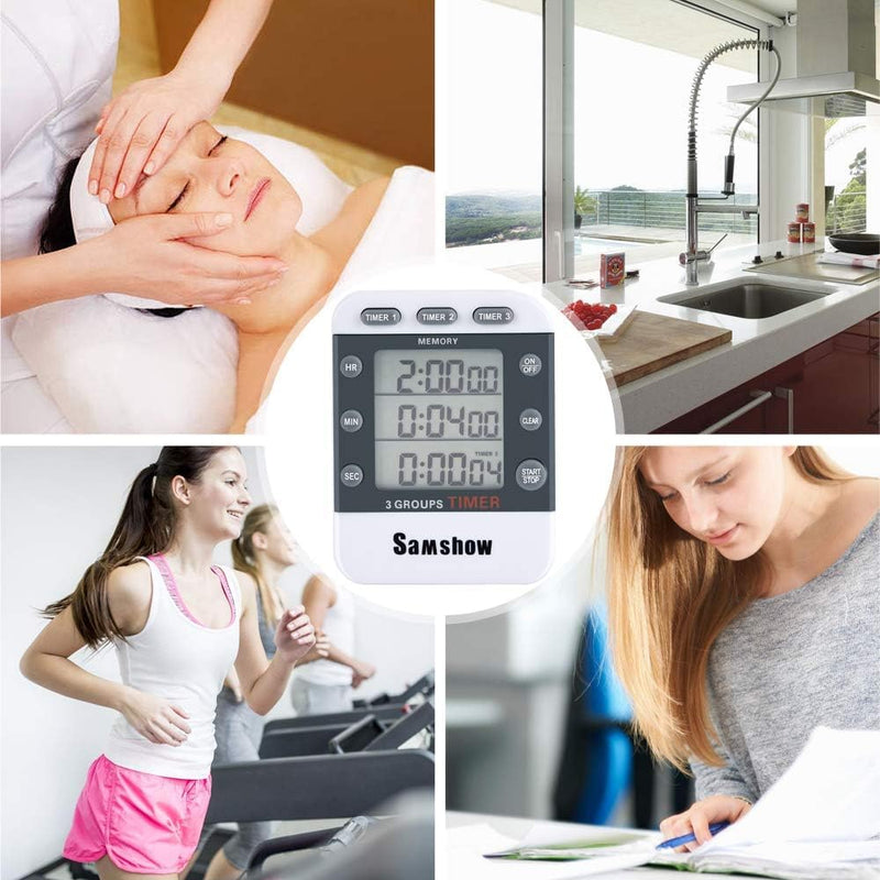 Samshow (2 Pack) Digital Kitchen Timers for Cooking Triple Timer Count UP/Down Dual Timer Large LCD Display, White 382*2