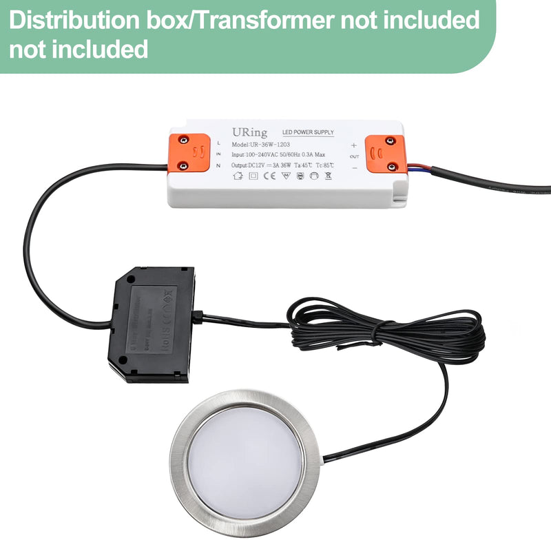 Set of 3 LED Recessed Spotlights 12 V 3000 K Warm White 3.5 W, Flat 12 V 300 LM Bore Hole 55-58 mm and 15 mm, Dimmable Furniture Recessed Spotlights, LED Spot 12 V with 2 m Cable, Nickel 3000K Warm White