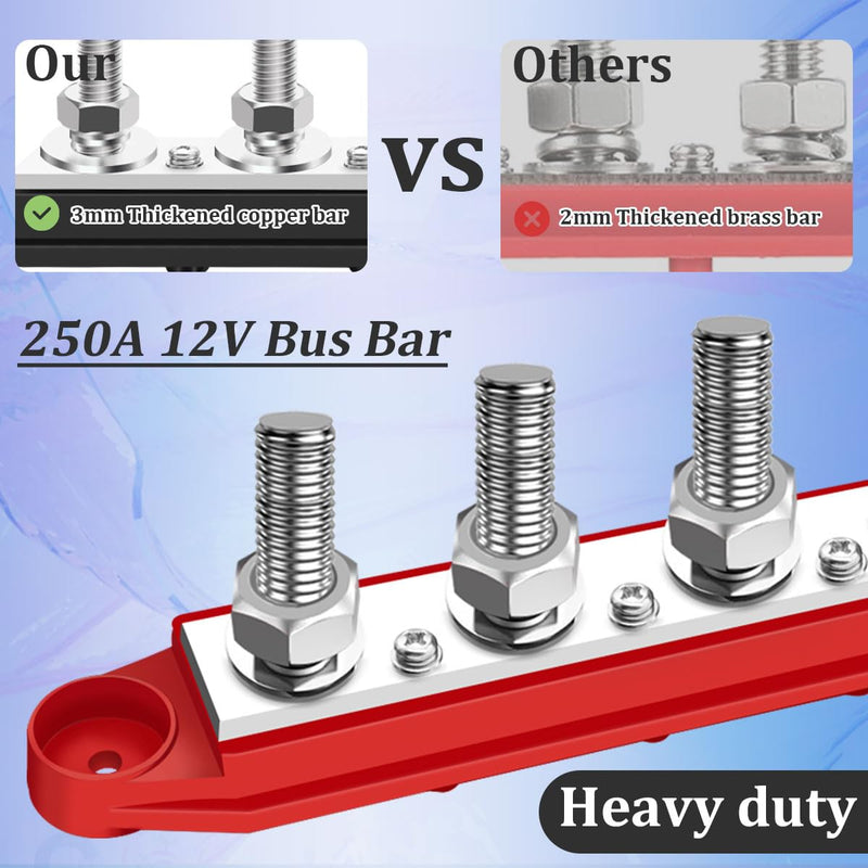 250A 12V Bus Bar Marine 12V,Power Distribution Block with Cover with 4 x 3/8”Post 3 x #8 Screws Terminals,Battery Bus Bar with 4PCS Battery Lugs and 4PCS Heat Shrink Tubing for Car Boat Solar Wiring 250A 4x3/8"+3x#8(M4)