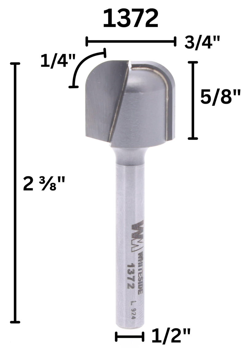 Whiteside 1372 Bowl & Tray Form Router Bit: 3/4 Inch Cutting Diameter, 1/4 Inch Shank, 5/8 Inch Cutting Length, 1/4 Inch Radius