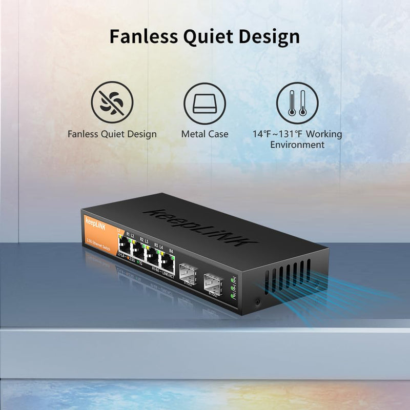 6-Port 2.5G Switch Unmanaged, 4 x 2.5GBASE-T Ports & 2 x 10GBASE-T SFP Slots, 60Gbps Switching Capacity, Plug & Play/Wall Mountable/Fanless Metal, Compatible with 1000Mbps Devices 6 Port 2.5G Switch