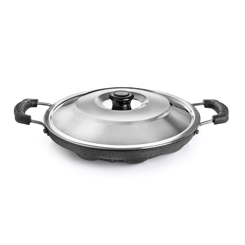 TOSAA 12 Cavity Appam Patra Side Handle with Lid, 23 cm, Black
